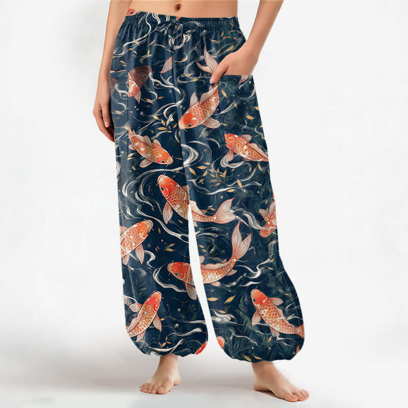 Buddha Stones Dames harembroek met elastische Taille en Zakken , met een oosters koi-golfpatroon. - Donker leigrijs - US16, UK/AU20, EU48 (3XL) - image 0