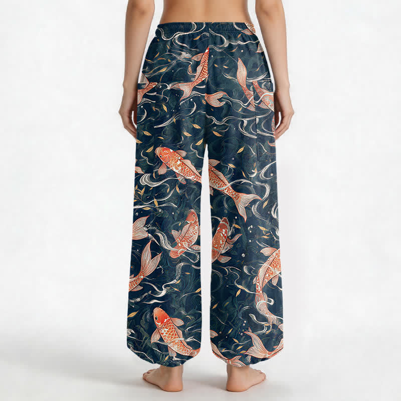 Buddha Stones Dames harembroek met elastische Taille en Zakken , met een oosters koi-golfpatroon. - image 2