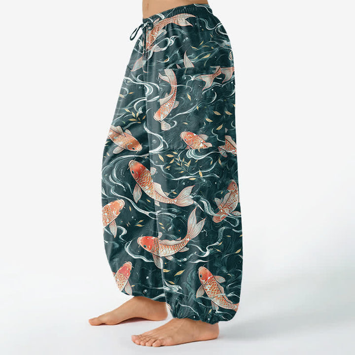 Buddha Stones Dames harembroek met elastische Taille en Zakken , met een oosters koi-golfpatroon. - image 8