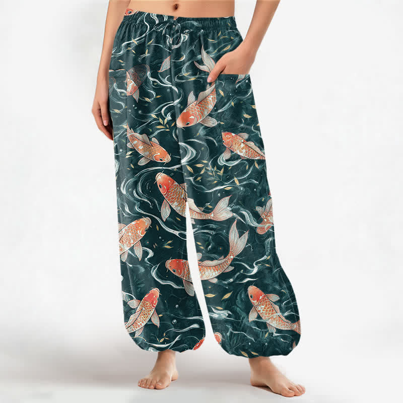 Buddha Stones Dames harembroek met elastische Taille en Zakken , met een oosters koi-golfpatroon. - Donkerblauw - US16, UK/AU20, EU48 (3XL) - image 7