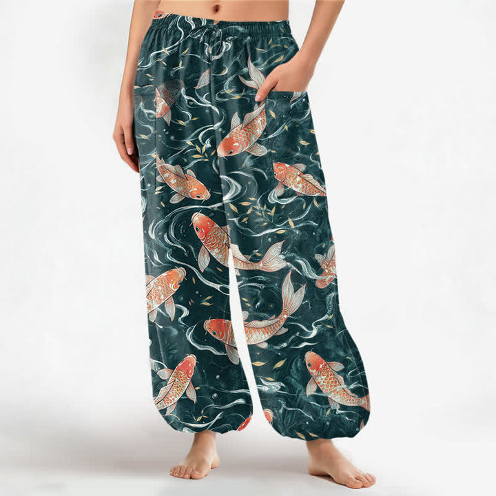 Buddha Stones Dames harembroek met elastische Taille en Zakken , met een oosters koi-golfpatroon. - Donkerblauw - US16, UK/AU20, EU48 (3XL) - image 7