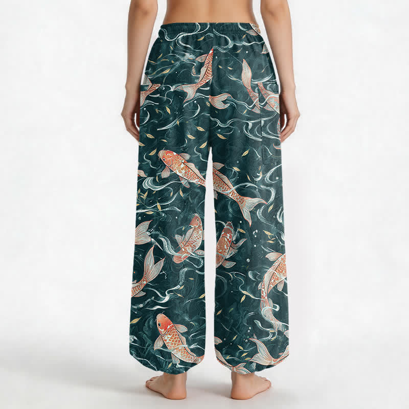 Buddha Stones Dames harembroek met elastische Taille en Zakken , met een oosters koi-golfpatroon. - image 9