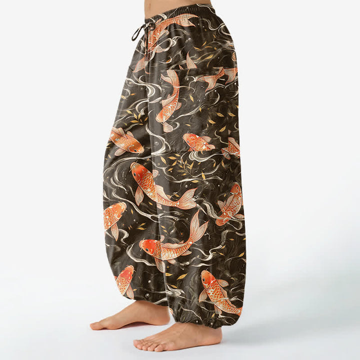 Buddha Stones Dames harembroek met elastische Taille en Zakken , met een oosters koi-golfpatroon. - image 11