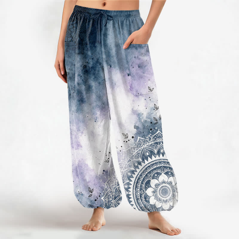Buddha Stones Dames harembroek met elastische Taille en Zakken , gemaakt van katoen met een aquarel ombré mandala lotuspatroon. - Staalblauw - US16, UK/AU20, EU48 (3XL) - image 0