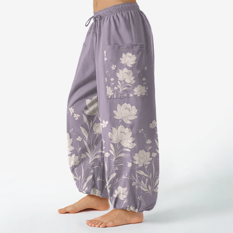 Buddha Stones Vintage katoenen harembroek met lotusbloemmotief, elastische Taille en Zakken. - image 1