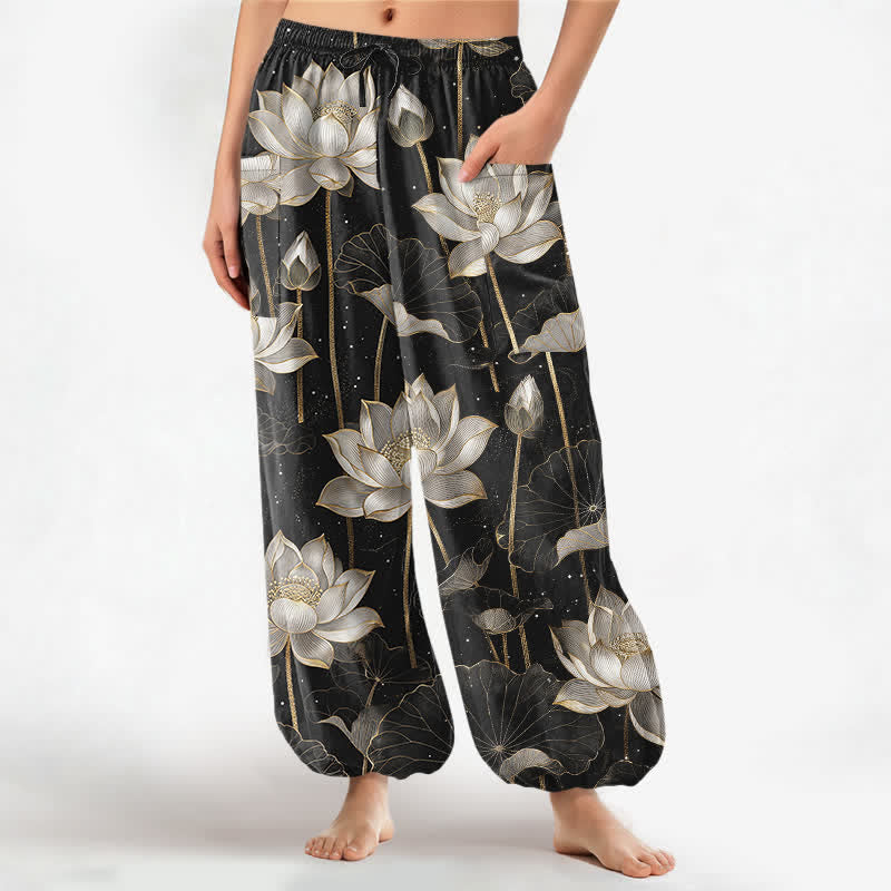 Buddha Stones Dames harembroek met elastische Taille en Zakken , met een oosters lotusbloemenpatroon van katoen. - Zwart - US16, UK/AU20, EU48 (3XL) - image 0