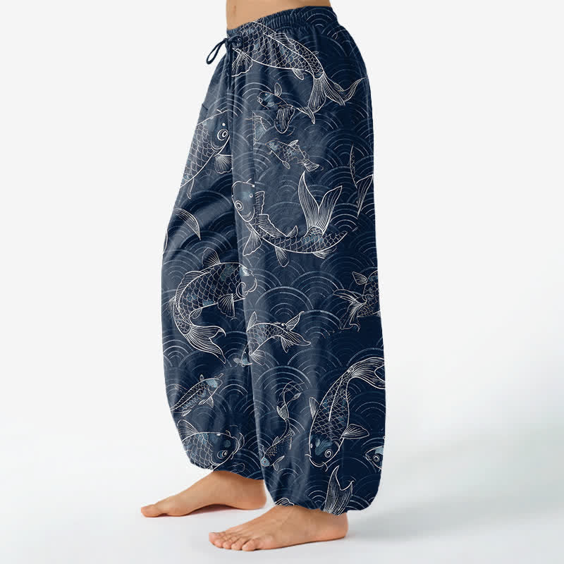 Buddha Stones Dames harembroek met elastische Taille en Zakken , gemaakt van katoen met Zen Koi-rimpelpatroon. - image 1