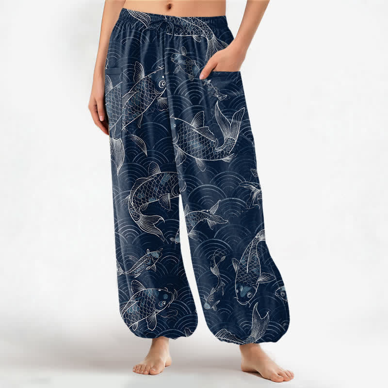 Buddha Stones Dames harembroek met elastische Taille en Zakken , gemaakt van katoen met Zen Koi-rimpelpatroon. - Marine - US16, UK/AU20, EU48 (3XL) - image 0