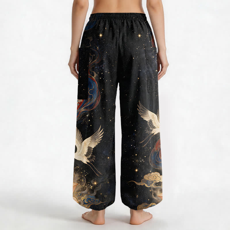 Buddha Stones Dames harembroek met elastische Taille en Zakken , versierd met een kraanvogel- en lotusmotief. - image 2