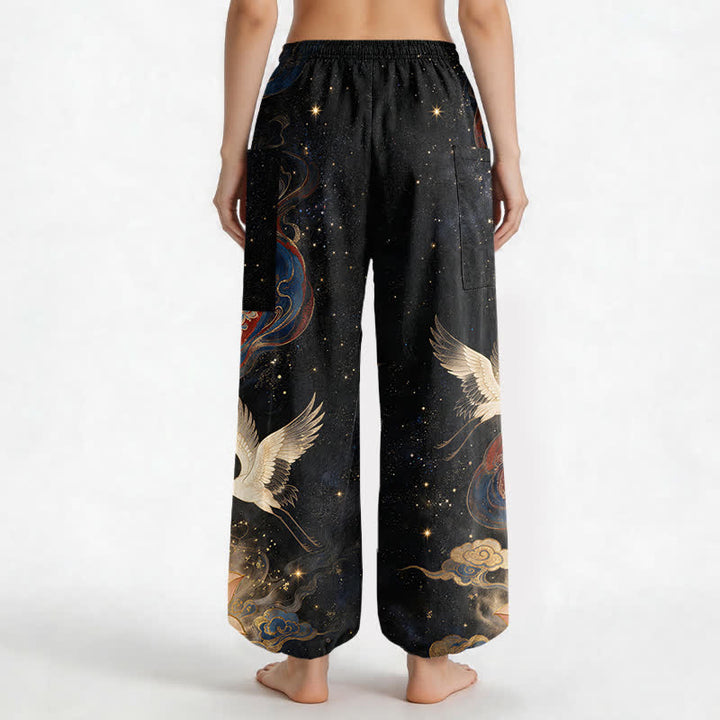 Buddha Stones Dames harembroek met elastische Taille en Zakken , versierd met een kraanvogel- en lotusmotief. - image 2