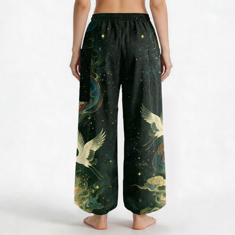 Buddha Stones Dames harembroek met elastische Taille en Zakken , versierd met een kraanvogel- en lotusmotief. - image 12