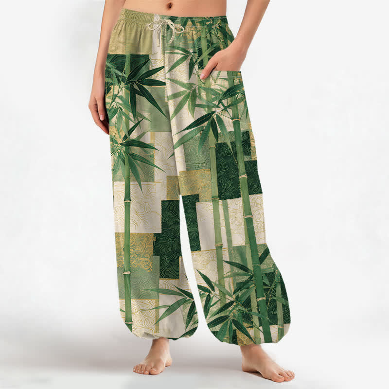 Buddha Stones Dames harembroek met elastische Taille en Zakken , patchworkpatroon van katoen en bamboe. - Bosgroen - US16, UK/AU20, EU48 (3XL) - image 0