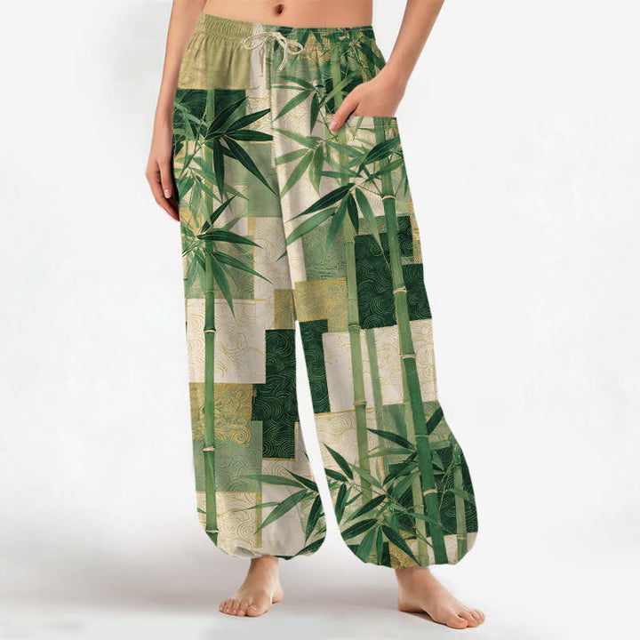 Buddha Stones Dames harembroek met elastische Taille en Zakken , patchworkpatroon van katoen en bamboe. - Bosgroen - US16, UK/AU20, EU48 (3XL) - image 0
