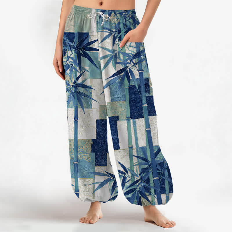 Buddha Stones Dames harembroek met elastische Taille en Zakken , patchworkpatroon van katoen en bamboe. - Middenblauw - US16, UK/AU20, EU48 (3XL) - image 7