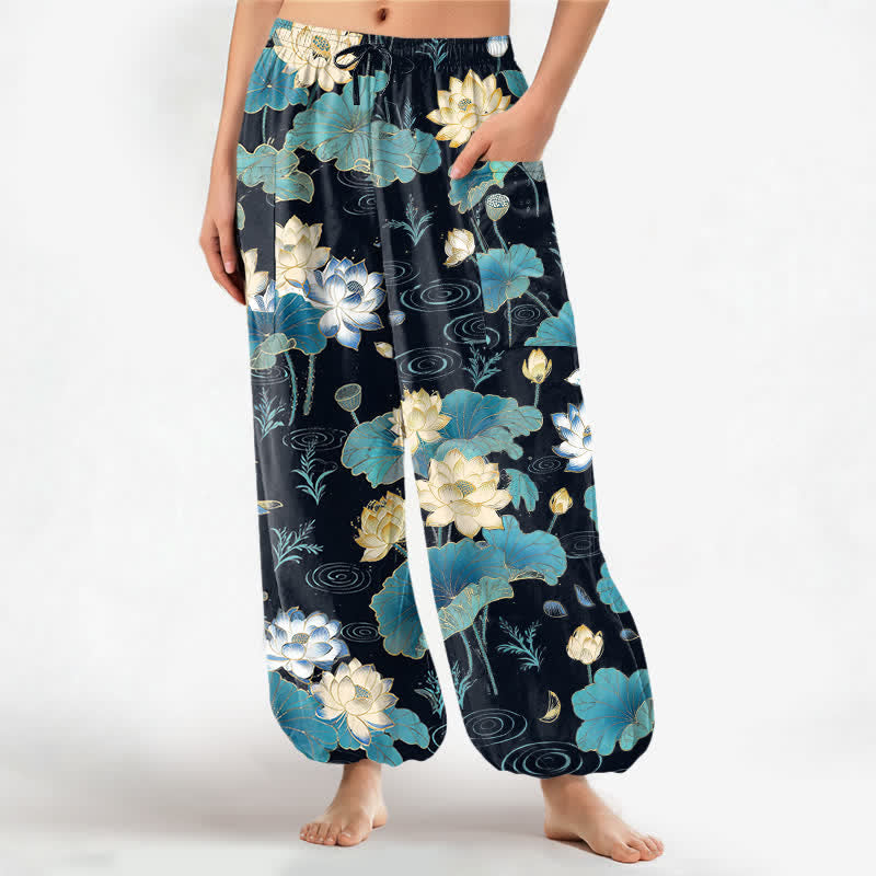 Buddha Stones Dames harembroek met elastische Taille en Zakken , gemaakt van katoen met een lotusbloemmotief. - Zwart - US16, UK/AU20, EU48 (3XL) - image 0