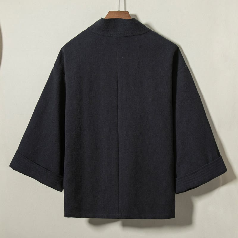 Buddha Stones Minimalistische herenkimono met V-hals en trekkoord, effen katoen, voor herfst en winter. - image 1