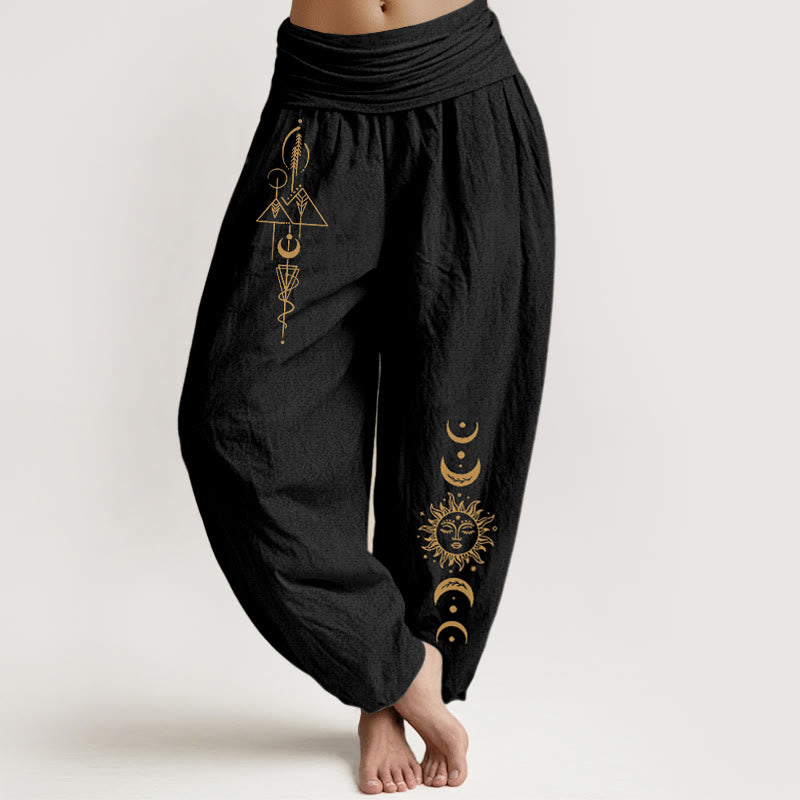 Buddha Stones Harembroek voor dames met elastische Taille , gemaakt van 100% Cotton met een minimalistisch geometrisch patroon van zon en maan. - Zwart - US16, UK/AU20, EU48 (3XL) - image 0