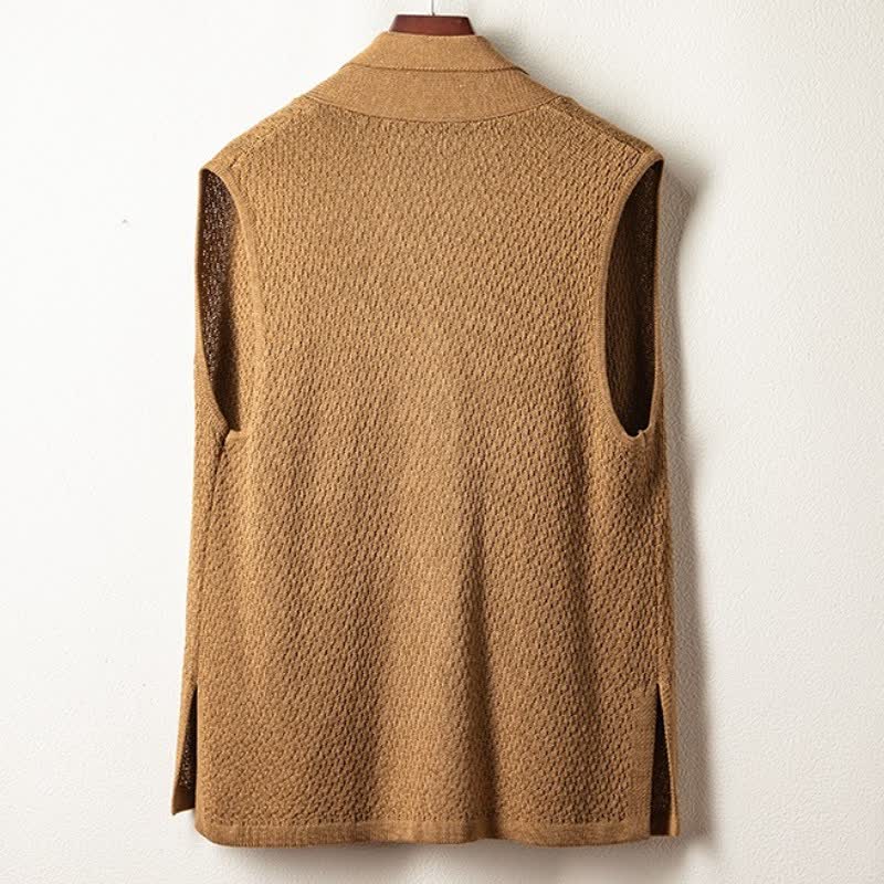 Buddha Stones Casual minimalistische tanktop met zijsplit en effen gebreide afwerking voor heren, kimono's voor de herfst - image 1
