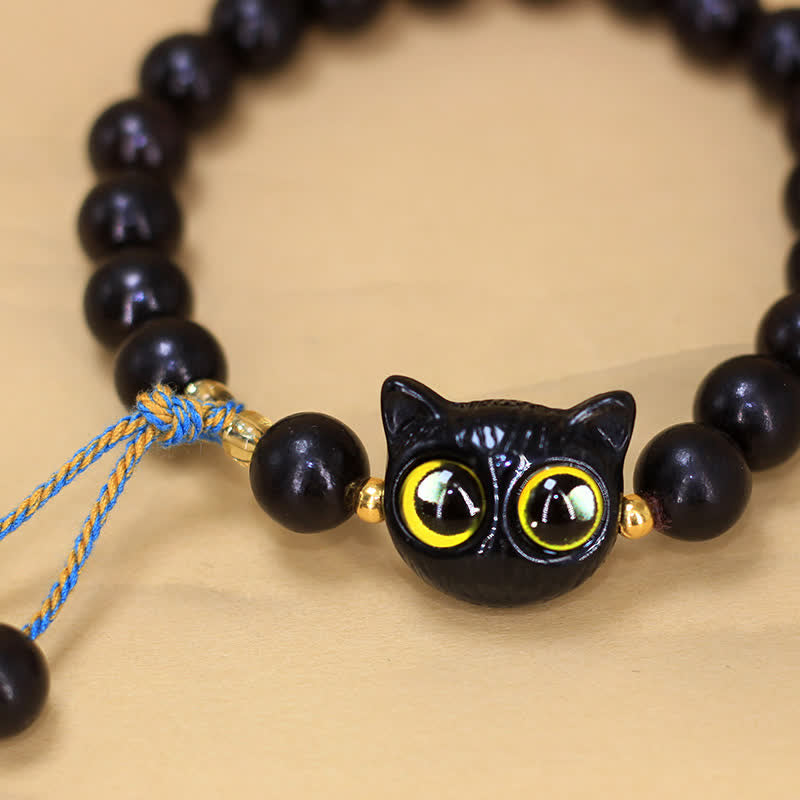 Buddha Stones Ronde Armband met kattenbedeltje van ebbenhout - image 4