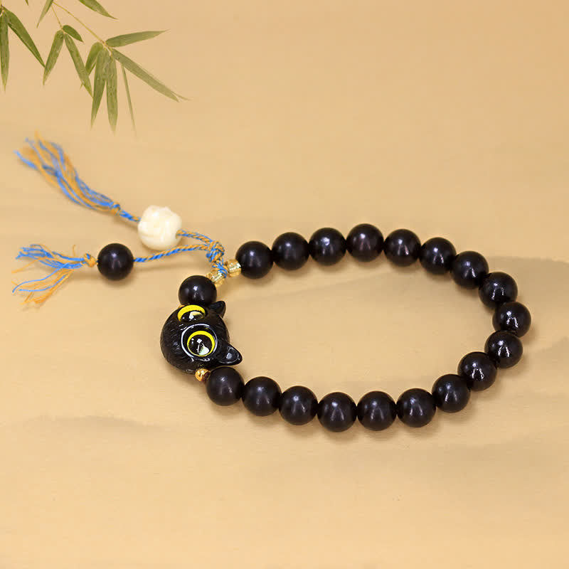 Buddha Stones Ronde Armband met kattenbedeltje van ebbenhout - image 3