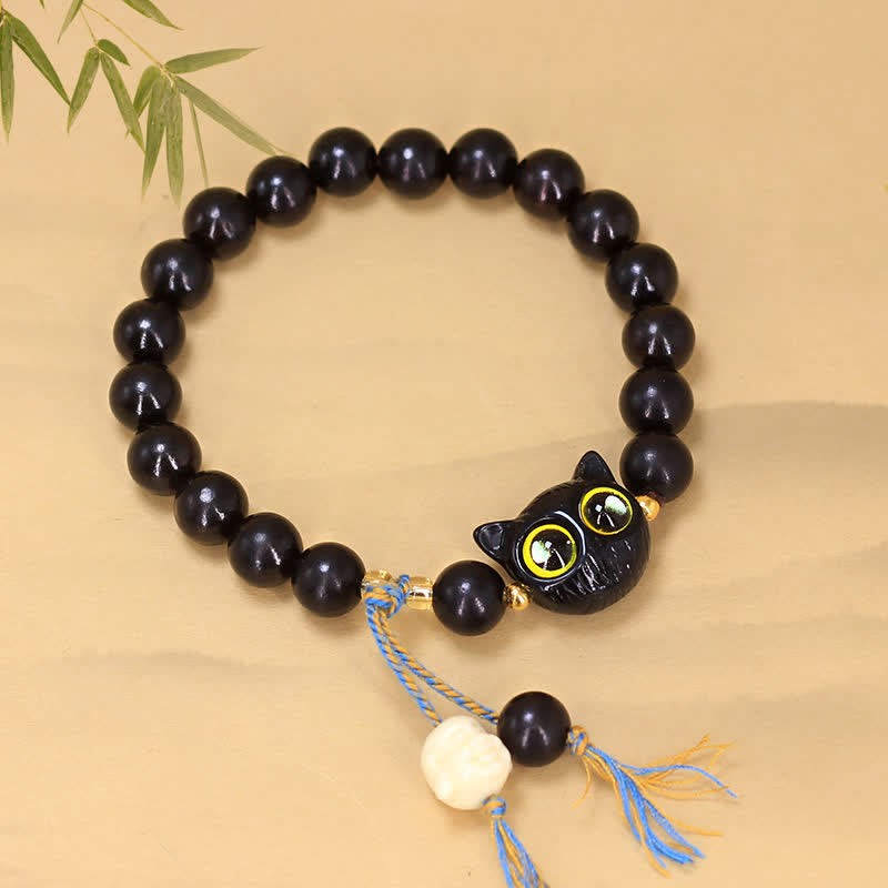 Buddha Stones Ronde Armband met kattenbedeltje van ebbenhout - image 1