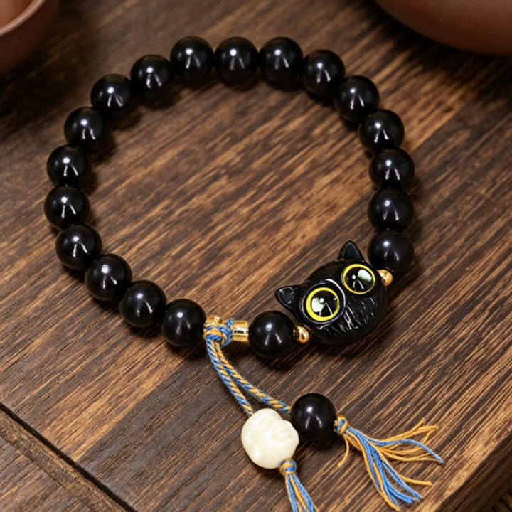 Buddha Stones Ronde Armband met kattenbedeltje van ebbenhout - Ebbenhout (Balans ♥ Rust) - image 0