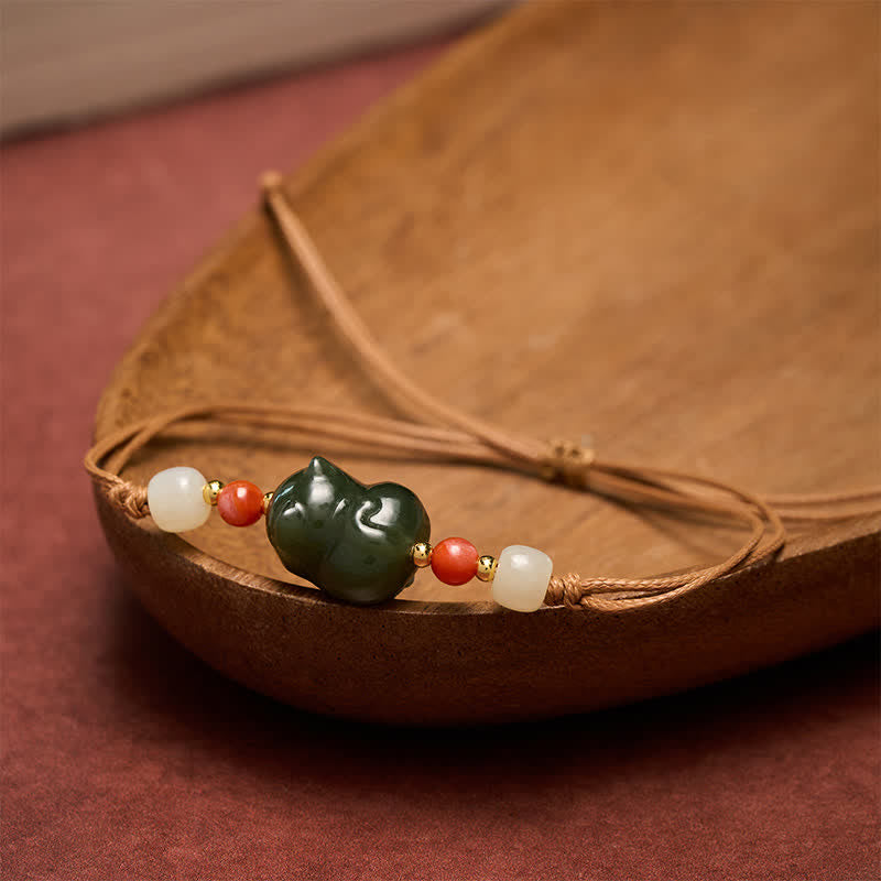 Buddha Stones Natuurlijke Hetian jade kat handgeweven Armband als symbool van overvloed - image 3
