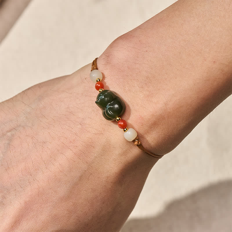 Buddha Stones Natuurlijke Hetian jade kat handgeweven Armband als symbool van overvloed - image 4