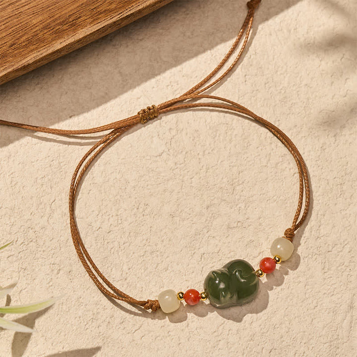Buddha Stones Natuurlijke Hetian jade kat handgeweven Armband als symbool van overvloed - Jade (Geluk ♥ Harmonie) - image 0