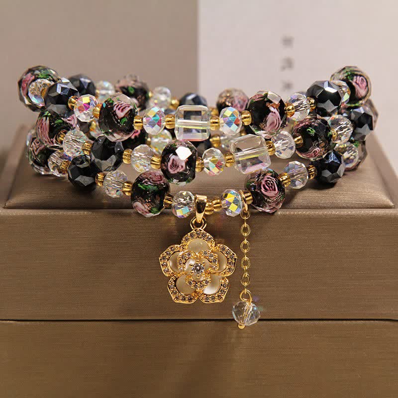Buddha Stones Zwarte Liu Li glazen kralen camelia bedeltje Harmonic Connection Armband - Zwarte Camelia Charm - image 0