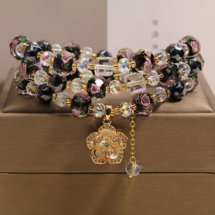 Buddha Stones Zwarte Liu Li glazen kralen camelia bedeltje Harmonic Connection Armband - Zwarte Camelia Charm - image 0