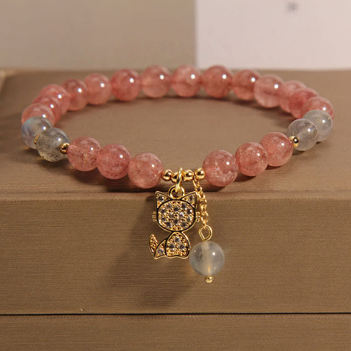 Buddha Stones Aardbeikwarts Maansteen Kattenbedel Armband - Aardbeikwarts (Polsomtrek: 14-15 cm) - image 0