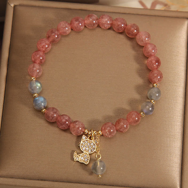 Buddha Stones Aardbeikwarts Maansteen Kattenbedel Armband - image 2