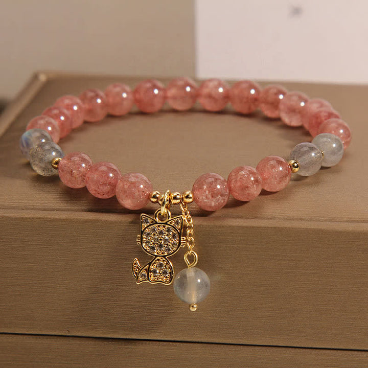 Buddha Stones Aardbeikwarts Maansteen Kattenbedel Armband - image 5