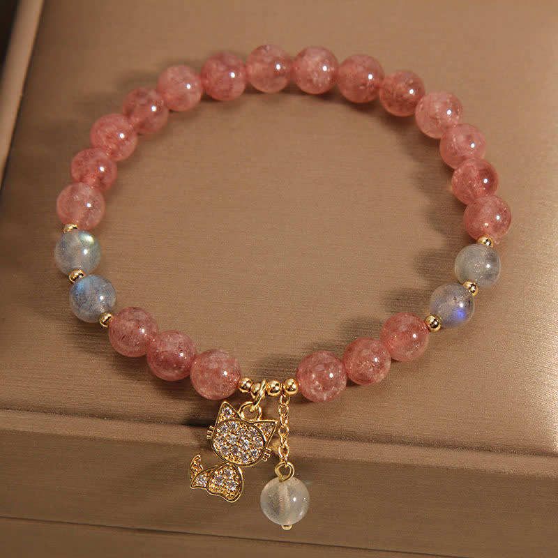 Buddha Stones Aardbeikwarts Maansteen Kattenbedel Armband - image 1