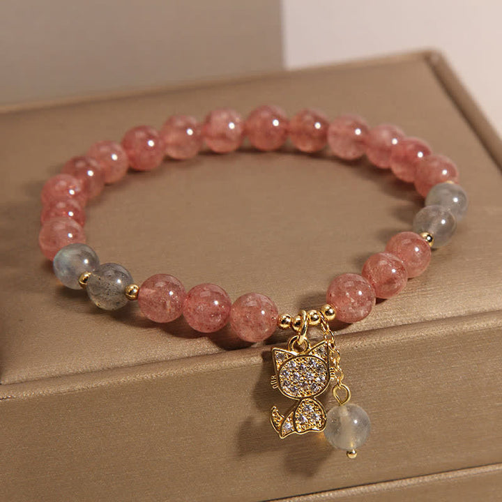 Buddha Stones Aardbeikwarts Maansteen Kattenbedel Armband - image 4