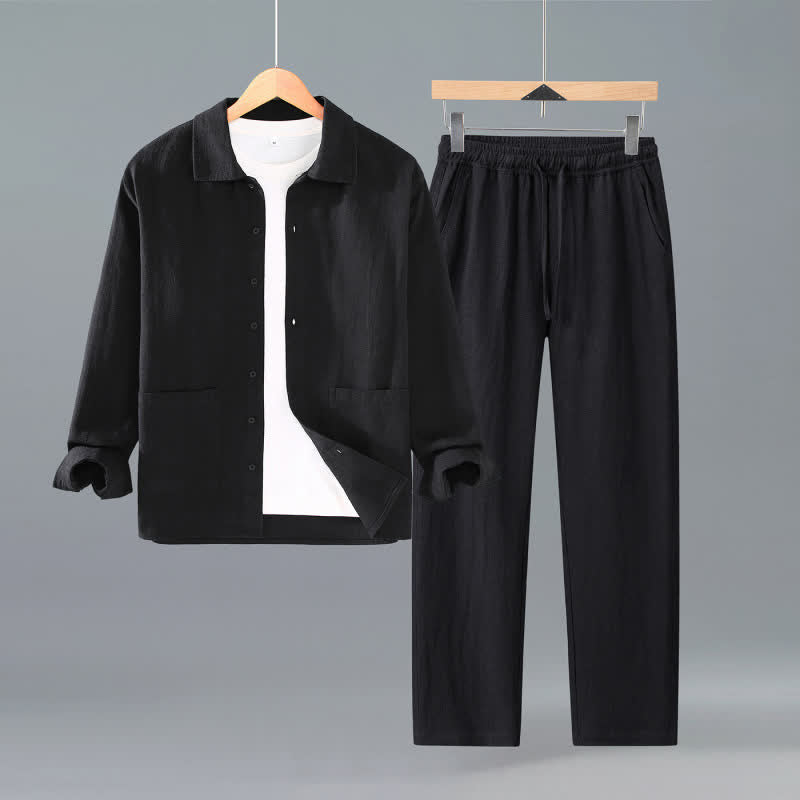 Buddha Stones Lente/Herfst Casual Minimalistische Overhemdbroek met Knoopsluiting en Broek van Effen Ramiestof voor Heren, Meditatiestof met Zakken - Zwart - US/UK/AU42, EU52 (3XL) - image 1