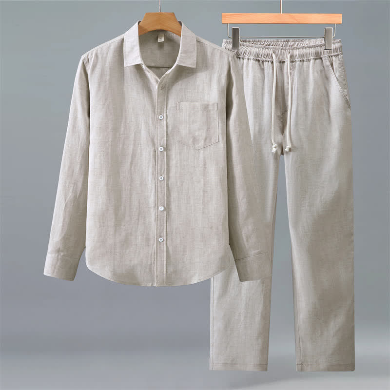 Buddha Stones 2-delige casual herenset met knoopsluiting, effen overhemd en broek, geschikt voor meditatie, met Zakken. - Beige - US/UK/AU42, EU52 (3XL) - image 0
