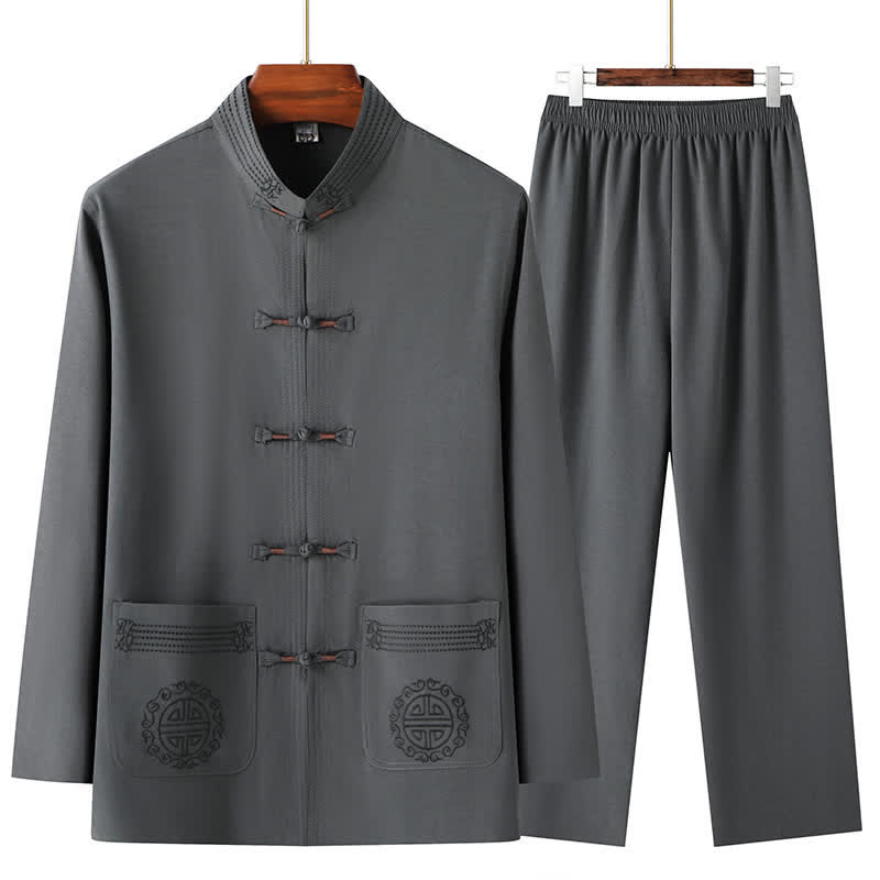 Buddha Stones 2-delige set lente/herfst Tang-stijl casual overhemd en broek met Mandarin kraag en kikkerknopen, effen kleur, geschikt voor meditatie, met Zakken. - Donkergrijs - US/UK/AU44, EU54 (4XL) - image 0
