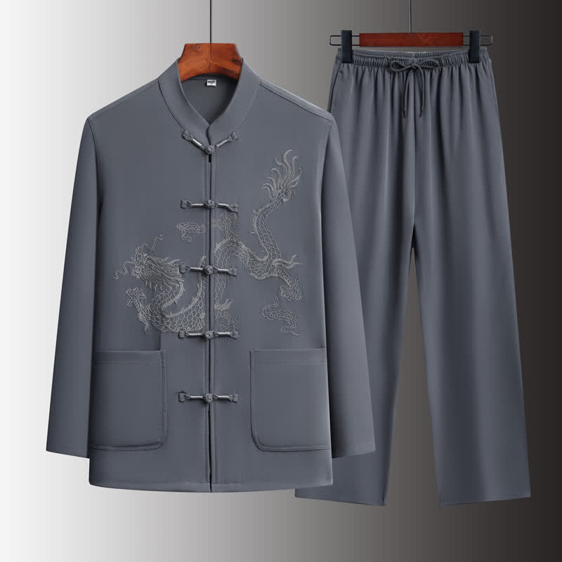 Buddha Stones Lente 2-delige herfst Tang-stijl overhemd en broek met Mandarin kraag, kikkerknopen en draakborduurwerk, geschikt voor meditatie, met Zakken. - Donkergrijs - US/UK/AU44, EU54 (4XL) - image 0