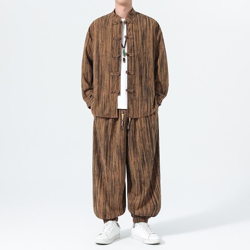 Buddha Stones 2-delige set herfst/winter Tang-stijl overhemd met Mandarin kraag en strepen, corduroy broek, heren meditatiekleding - image 1