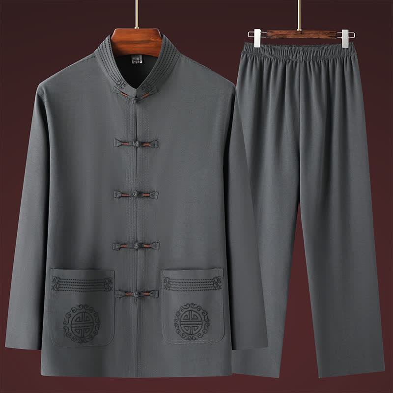 Buddha Stones 2-delige set lente/herfst Tang-stijl casual overhemd en broek met Mandarin kraag en kikkerknopen, effen kleur, geschikt voor meditatie, met Zakken. - image 1