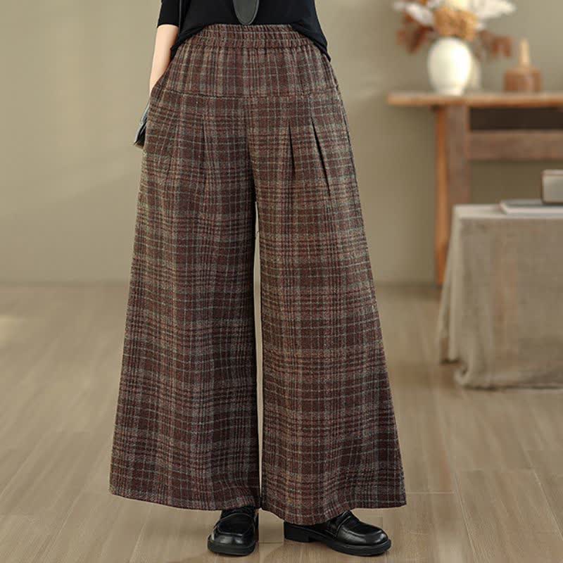 Buddha Stones Vintage Cropped broek met elastische Taille en ruitpatroon voor dames, geschikt voor de herfst en winter, rechte pijpen en zakken. - image 1
