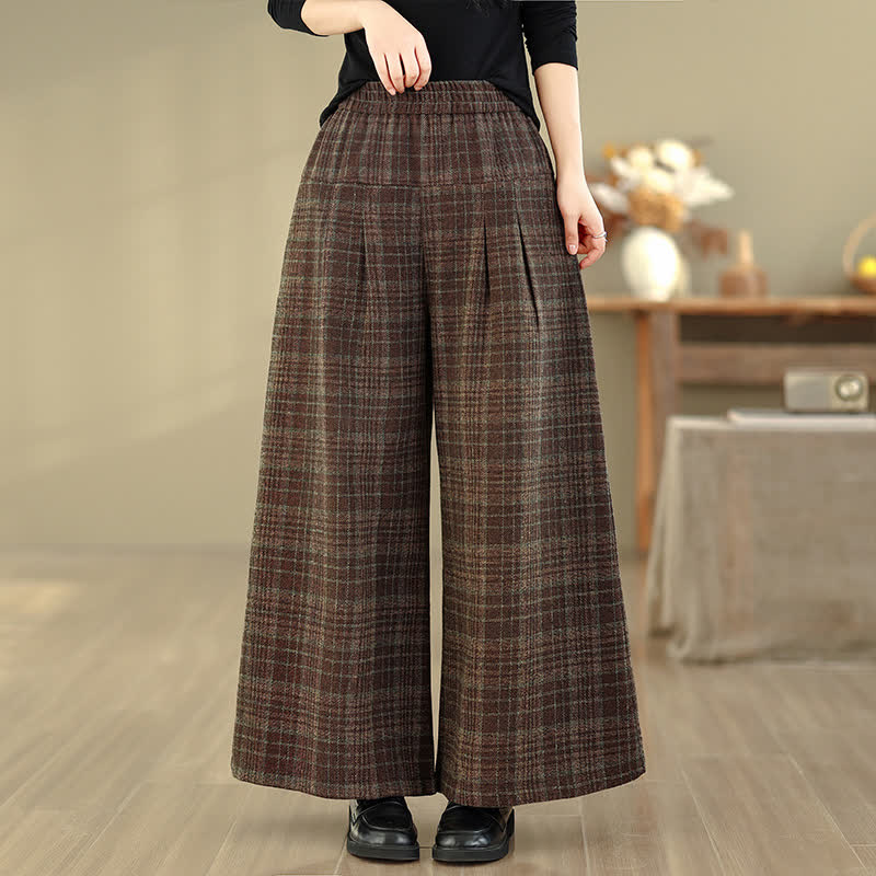 Buddha Stones Vintage Cropped broek met elastische Taille en ruitpatroon voor dames, geschikt voor de herfst en winter, rechte pijpen en zakken. - Zadelbruin - US8-10, UK/AU12-14, EU40-42 (2XL) - image 0