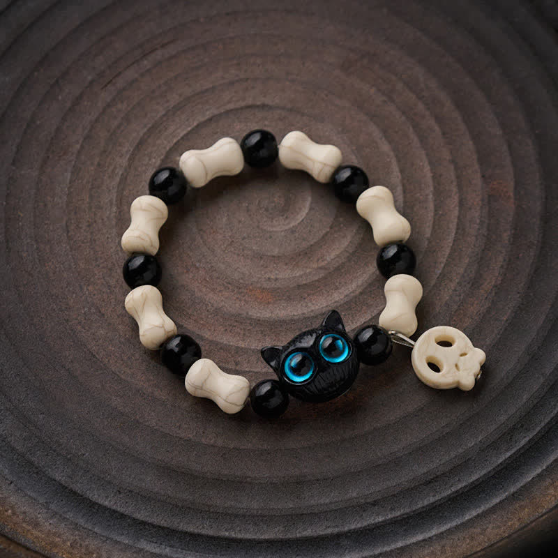 Buddha Stones Armband met doodskop en zwarte kat als symbool van kracht - image 1