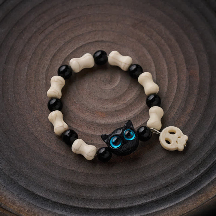 Buddha Stones Armband met doodskop en zwarte kat als symbool van kracht - image 1