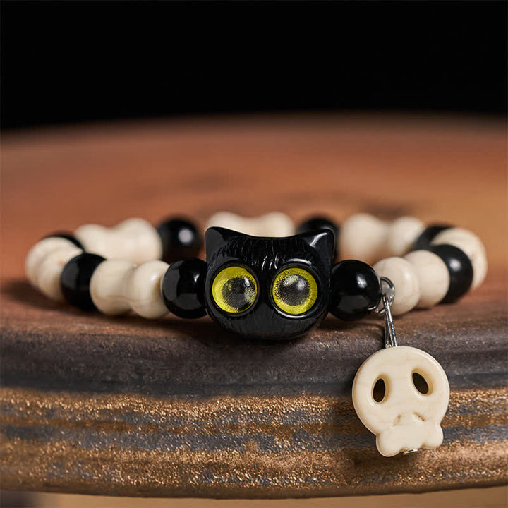 Buddha Stones Armband met doodskop en zwarte kat als symbool van kracht - Geelogige kat - image 8