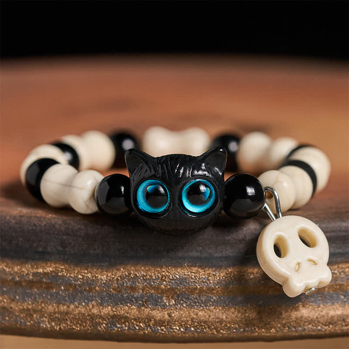 Buddha Stones Armband met doodskop en zwarte kat als symbool van kracht - Blauwogige kat - image 0