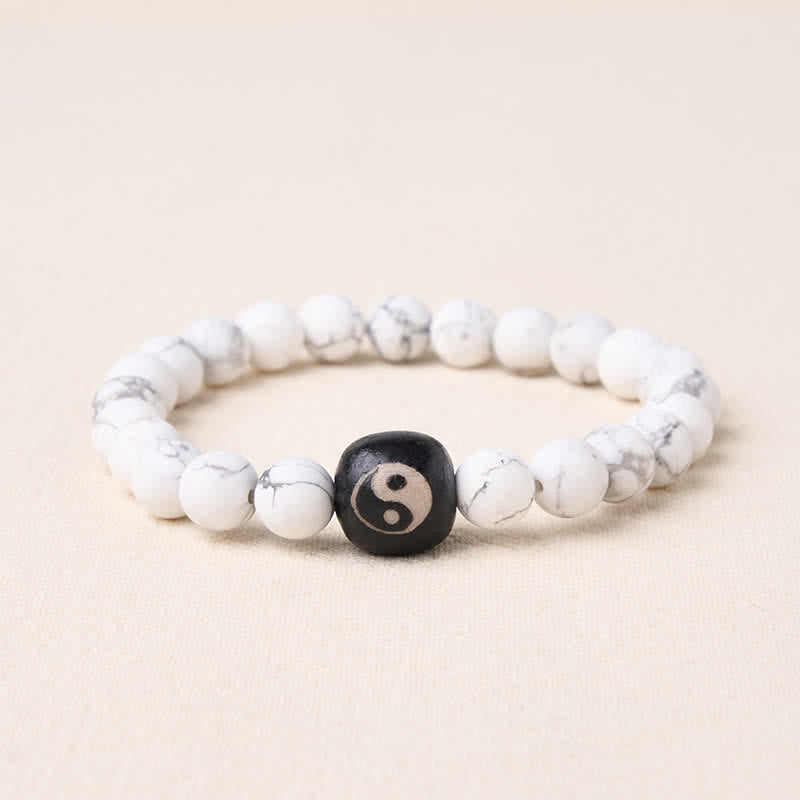 Buddha Stones Ronde Armband met zwarte onyx, witte turkoois en Yin Yang-balans - Witte turkoois - 5,9–6,3 inch (15–16 cm) - image 1