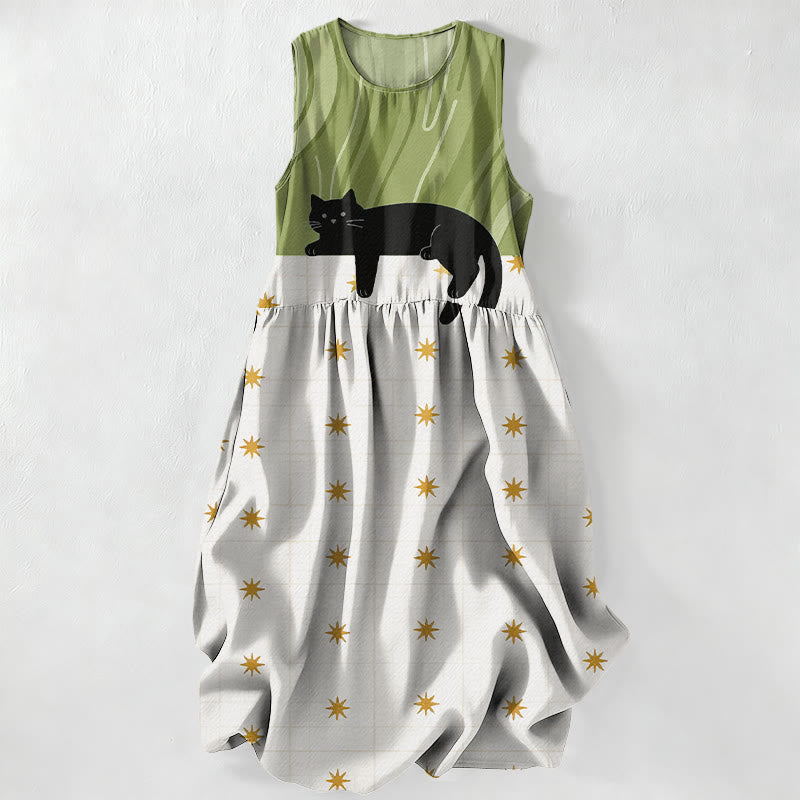Buddha Stones Zomerse casual zwarte Midi -jurk voor dames met katten- en sterrenprint , Mouwloos en met Zakken. - Geelgroen - US16, UK/AU20, EU48 (3XL) - image 0